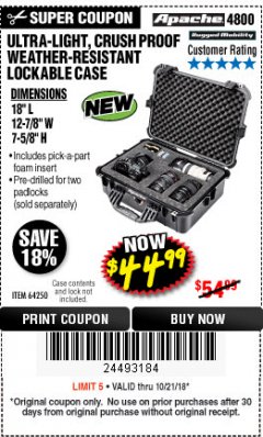 Harbor Freight Coupon APACHE 4800 WEATHERPROOF CASE Lot No. 64250 Expired: 10/21/18 - $44.99