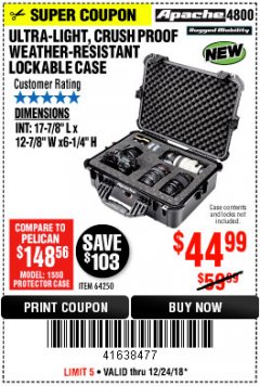 Harbor Freight Coupon APACHE 4800 WEATHERPROOF CASE Lot No. 64250 Expired: 12/24/18 - $44.99