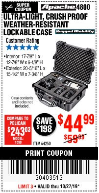 Harbor Freight Coupon APACHE 4800 WEATHERPROOF CASE Lot No. 64250 Expired: 10/27/19 - $44.99