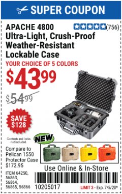 Harbor Freight Coupon APACHE 4800 WEATHERPROOF CASE Lot No. 64250 Expired: 7/5/20 - $43.99