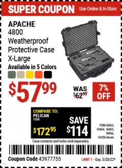Harbor Freight Coupon APACHE 4800 WEATHERPROOF CASE Lot No. 64250 Expired: 3/20/22 - $57.99