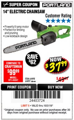 Harbor Freight Coupon 14" ELECTRIC CHAIN SAW Lot No. 64497/64498 Expired: 10/21/18 - $37.99