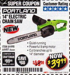 Harbor Freight Coupon 14" ELECTRIC CHAIN SAW Lot No. 64497/64498 Expired: 11/30/18 - $39.99