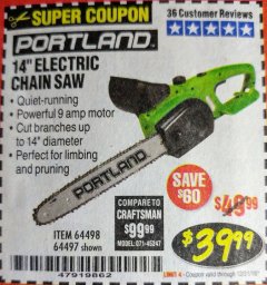 Harbor Freight Coupon 14" ELECTRIC CHAIN SAW Lot No. 64497/64498 Expired: 12/31/18 - $39.99