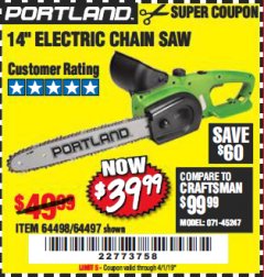 Harbor Freight Coupon 14" ELECTRIC CHAIN SAW Lot No. 64497/64498 Expired: 4/1/19 - $39.99