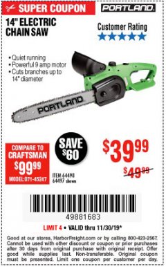 Harbor Freight Coupon 14" ELECTRIC CHAIN SAW Lot No. 64497/64498 Expired: 11/30/19 - $39.99
