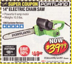 Harbor Freight Coupon 14" ELECTRIC CHAIN SAW Lot No. 64497/64498 Expired: 11/30/19 - $39.99