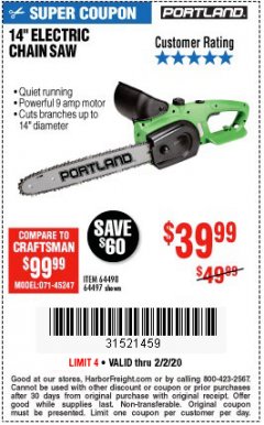 Harbor Freight Coupon 14" ELECTRIC CHAIN SAW Lot No. 64497/64498 Expired: 2/2/20 - $39.99