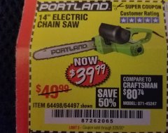 Harbor Freight Coupon 14" ELECTRIC CHAIN SAW Lot No. 64497/64498 Expired: 2/20/20 - $39.99