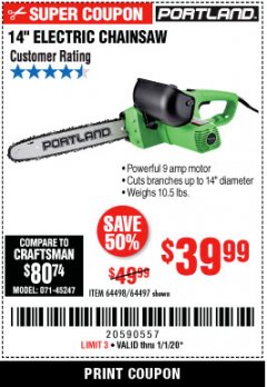 Harbor Freight Coupon 14" ELECTRIC CHAIN SAW Lot No. 64497/64498 Expired: 1/1/20 - $39.99