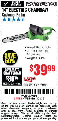 Harbor Freight Coupon 14" ELECTRIC CHAIN SAW Lot No. 64497/64498 Expired: 1/26/20 - $39.99