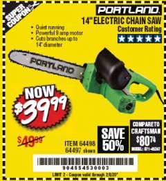 Harbor Freight Coupon 14" ELECTRIC CHAIN SAW Lot No. 64497/64498 Expired: 2/8/20 - $39.99