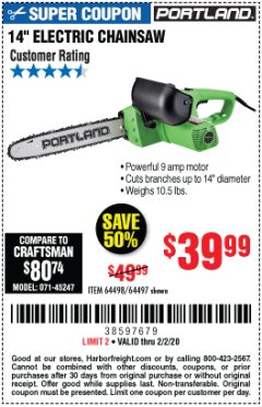 Harbor Freight Coupon 14" ELECTRIC CHAIN SAW Lot No. 64497/64498 Expired: 2/2/20 - $39.99