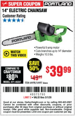 Harbor Freight Coupon 14" ELECTRIC CHAIN SAW Lot No. 64497/64498 Expired: 3/1/20 - $39.99