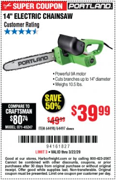 Harbor Freight Coupon 14" ELECTRIC CHAIN SAW Lot No. 64497/64498 Expired: 3/22/20 - $39.99