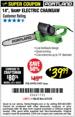 Harbor Freight Coupon 14" ELECTRIC CHAIN SAW Lot No. 64497/64498 Expired: 6/30/20 - $39.99