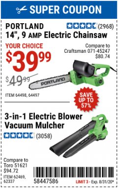 Harbor Freight Coupon 14" ELECTRIC CHAIN SAW Lot No. 64497/64498 Expired: 8/31/20 - $39.99