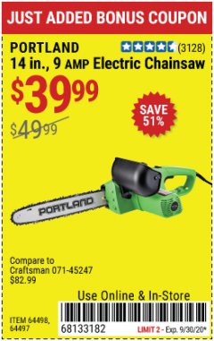 Harbor Freight Coupon 14" ELECTRIC CHAIN SAW Lot No. 64497/64498 Expired: 9/30/20 - $39.99