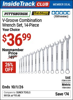 Harbor Freight Coupon PITTSBURGH V-GROOVE COMBINATION WRENCH SET, 14-PIECE Lot No. 61399/63063 Valid: 12/31/69 - 10/1/26 - $36.99