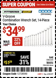 Harbor Freight Coupon 14 PIECE V-GROOVE FULLY POLISHED COMBINATION WRENCH SETS Lot No. 61399/61726/63063/64363 Expired: 4/30/23 - $34.99