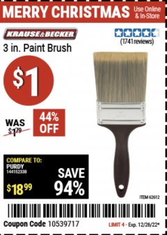Harbor Freight Coupon 3" PROFESSIONAL PAINT BRUSH Lot No. 39688/62612 Expired: 12/26/22 - $1