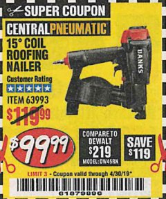 Harbor Freight Coupon BANKS 15DEG. COIL ROOFING NAILER Lot No. 63993 Expired: 4/30/19 - $99.99