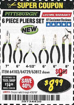 Harbor Freight Coupon 6 PIECE PLIERS SET Lot No. 64103/64729/63812 Expired: 4/30/19 - $8.99