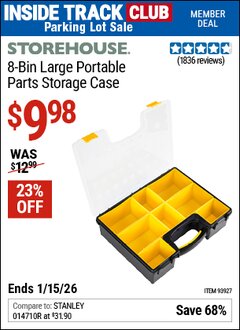 Harbor Freight ITC Coupon STOREHOUSE 8-BIN LARGE PORTABLE PARTS STORAGE CASE Lot No. 93927 Expired: 1/15/26 - $9.98