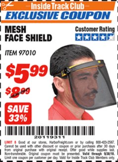 Harbor Freight ITC Coupon MESH FACE SHIELD Lot No. 97010 Expired: 9/30/18 - $5.99