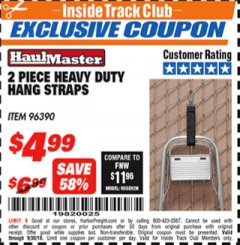 Harbor Freight ITC Coupon 2 PEICE HEAVY DUTY HANG STRAPS Lot No. 96390 Expired: 9/30/18 - $4.99