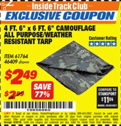 Harbor Freight ITC Coupon 4FT 6"X6FT 6" CAMO ALL PURPOSE/WEATHER RESISTANT TARP Lot No. 61764 Expired: 9/30/18 - $2.49
