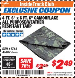 Harbor Freight ITC Coupon 4FT 6"X6FT 6" CAMO ALL PURPOSE/WEATHER RESISTANT TARP Lot No. 61764 Expired: 9/30/19 - $2.49