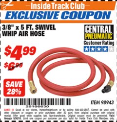Harbor Freight ITC Coupon 3.8" X 5 FT. SWIVEL WHIP AIR HOSE Lot No. 98943 Expired: 9/30/18 - $4.99