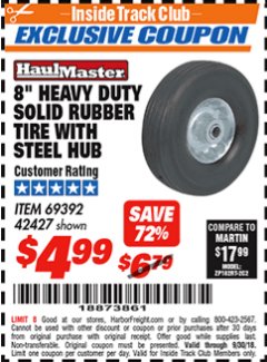 Harbor Freight ITC Coupon 8" HEAVY DUTY SOLID RUBBER  TIRE WITH STEEL HUB Lot No. 69392 42427 Expired: 9/30/18 - $4.99