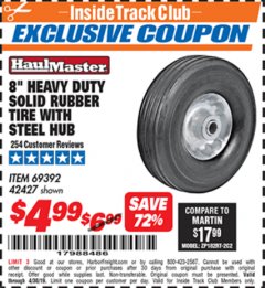 Harbor Freight ITC Coupon 8" HEAVY DUTY SOLID RUBBER  TIRE WITH STEEL HUB Lot No. 69392 42427 Expired: 4/30/19 - $4.99