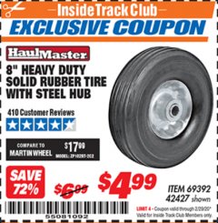 Harbor Freight ITC Coupon 8" HEAVY DUTY SOLID RUBBER  TIRE WITH STEEL HUB Lot No. 69392 42427 Expired: 2/29/20 - $4.99