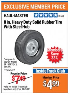 Harbor Freight ITC Coupon 8" HEAVY DUTY SOLID RUBBER  TIRE WITH STEEL HUB Lot No. 69392 42427 Expired: 12/3/20 - $4.99