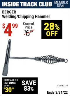 Harbor Freight ITC Coupon WELDING / CHIPPING HAMMER Lot No. 63773 Expired: 3/31/22 - $4.99