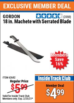 Harbor Freight ITC Coupon 18" MACHETE WITH SERRATED BLADE Lot No. 62682/69910/60641/62683/57951 Expired: 2/25/21 - $4.99