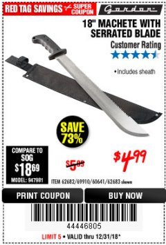 Harbor Freight Coupon 18" MACHETE WITH SERRATED BLADE Lot No. 62682/69910/60641/62683 Expired: 12/31/18 - $4.99