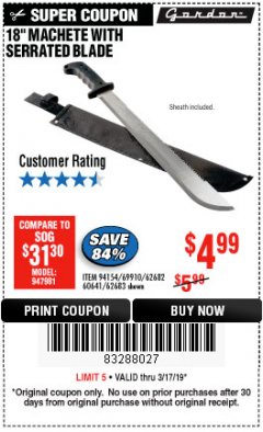 Harbor Freight Coupon 18" MACHETE WITH SERRATED BLADE Lot No. 62682/69910/60641/62683 Expired: 3/17/19 - $4.99