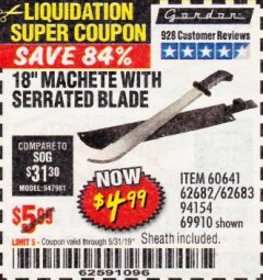 Harbor Freight Coupon 18" MACHETE WITH SERRATED BLADE Lot No. 62682/69910/60641/62683/57951 Expired: 5/31/19 - $4.99