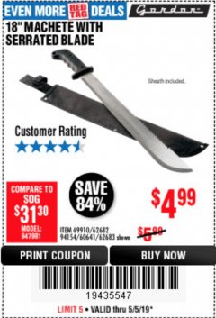 Harbor Freight Coupon 18" MACHETE WITH SERRATED BLADE Lot No. 62682/69910/60641/62683/57951 Expired: 5/5/19 - $4.99