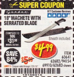 Harbor Freight Coupon 18" MACHETE WITH SERRATED BLADE Lot No. 62682/69910/60641/62683 Expired: 7/31/19 - $4.99