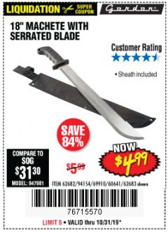Harbor Freight Coupon 18" MACHETE WITH SERRATED BLADE Lot No. 62682/69910/60641/62683 Expired: 10/31/19 - $4.99