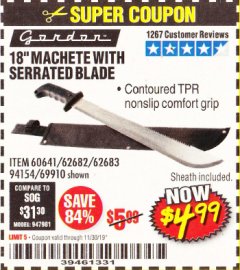 Harbor Freight Coupon 18" MACHETE WITH SERRATED BLADE Lot No. 62682/69910/60641/62683 Expired: 11/30/19 - $4.99