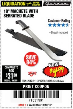 Harbor Freight Coupon 18" MACHETE WITH SERRATED BLADE Lot No. 62682/69910/60641/62683/57951 Expired: 11/10/19 - $4.99