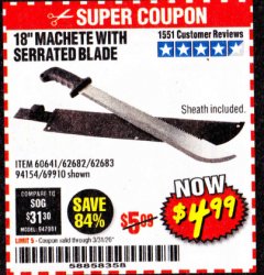 Harbor Freight Coupon 18" MACHETE WITH SERRATED BLADE Lot No. 62682/69910/60641/62683 Expired: 3/31/20 - $4.99