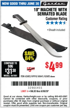Harbor Freight Coupon 18" MACHETE WITH SERRATED BLADE Lot No. 62682/69910/60641/62683/57951 Expired: 6/30/20 - $4.99