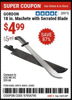 Harbor Freight Coupon 18" MACHETE WITH SERRATED BLADE Lot No. 62682/69910/60641/62683 Expired: 10/31/20 - $4.99